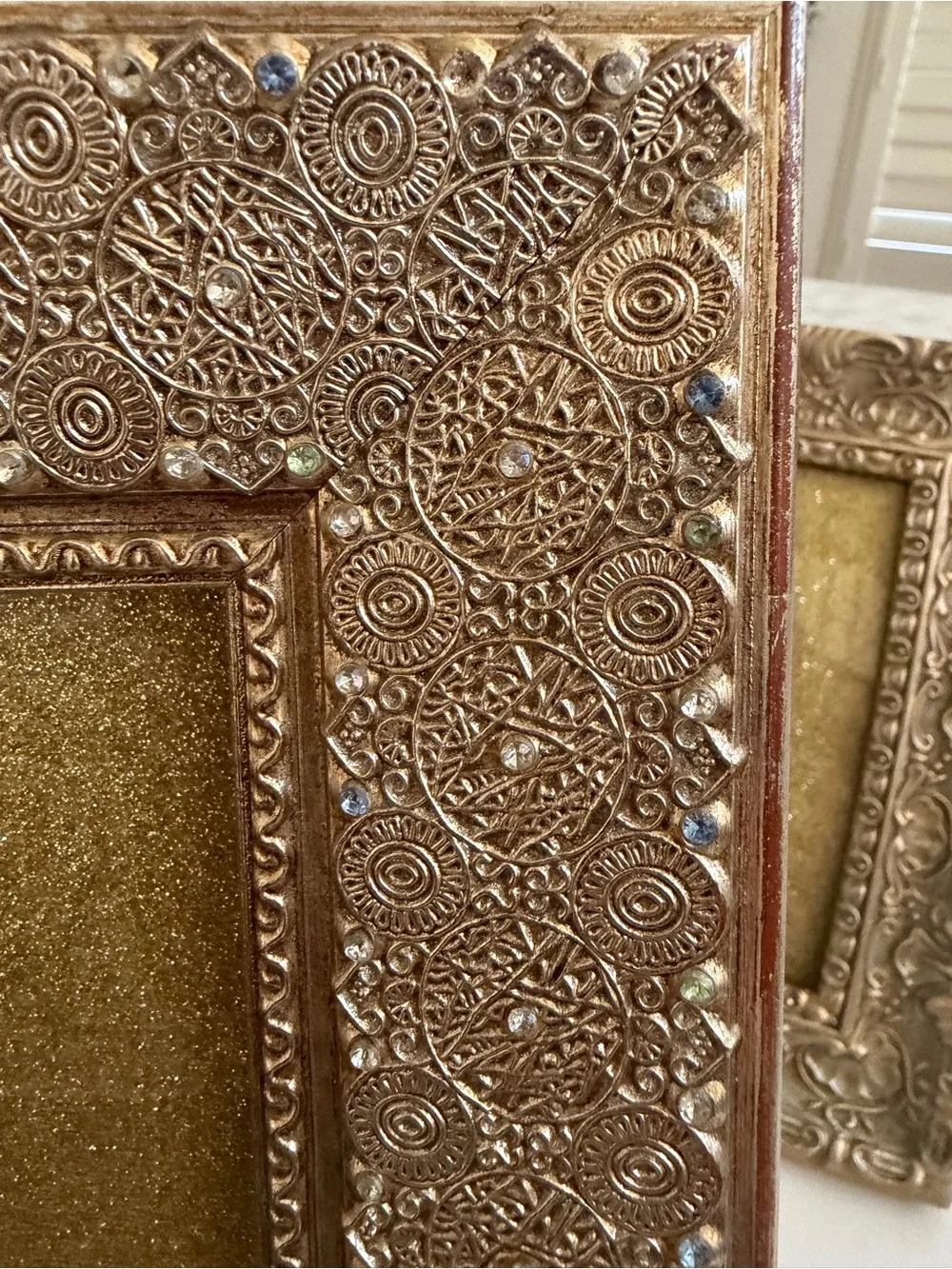 Set of 3 Vintage Style Gold Picture Frames – Embossed Filigree & Jeweled Rhinest